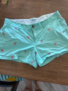 Old Navy Mint Shorts with Pink Flamingo Embroidery